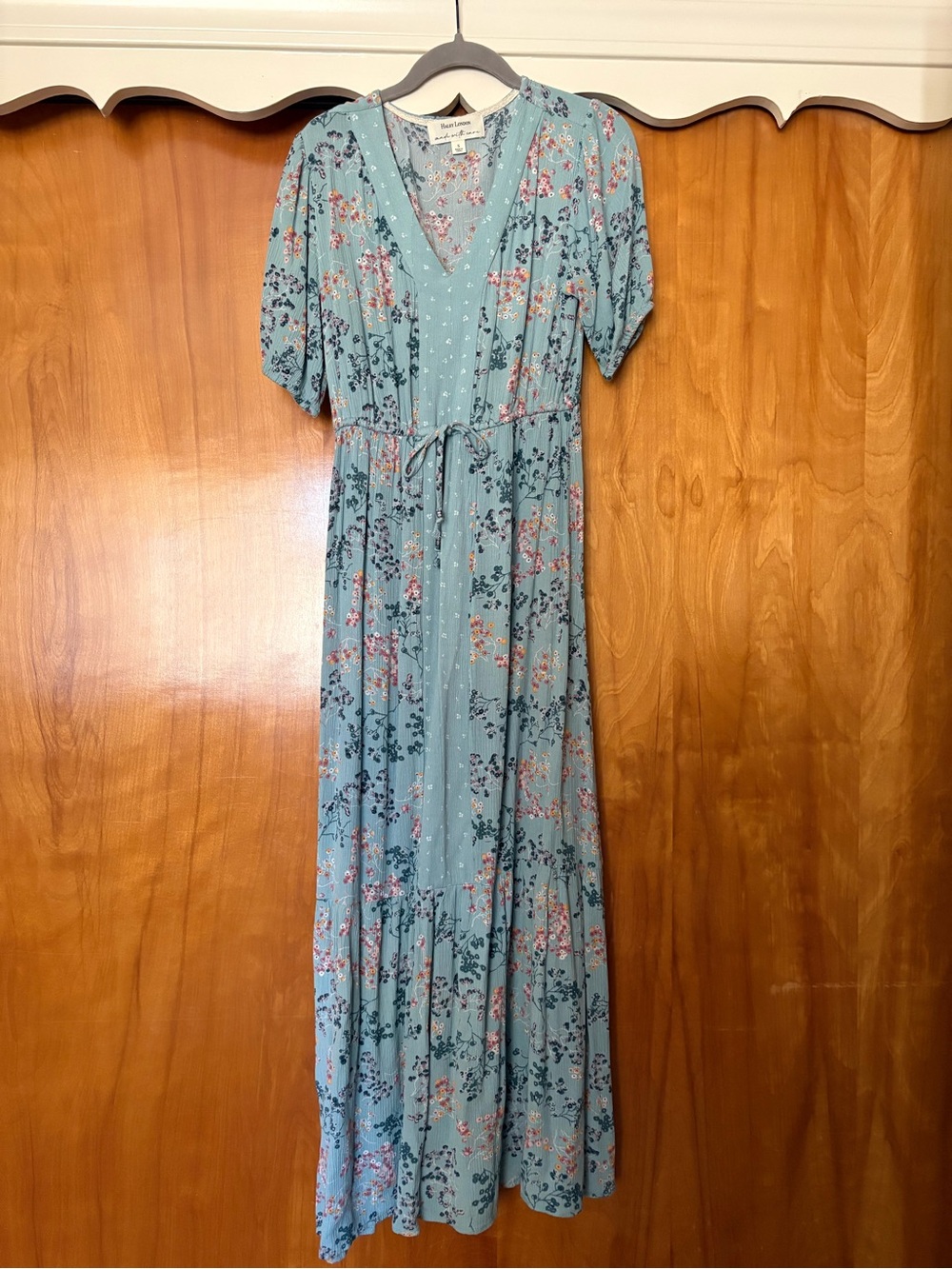 Floral V-Neck Maxi Dress with Waist Tie - Blue by Haley London